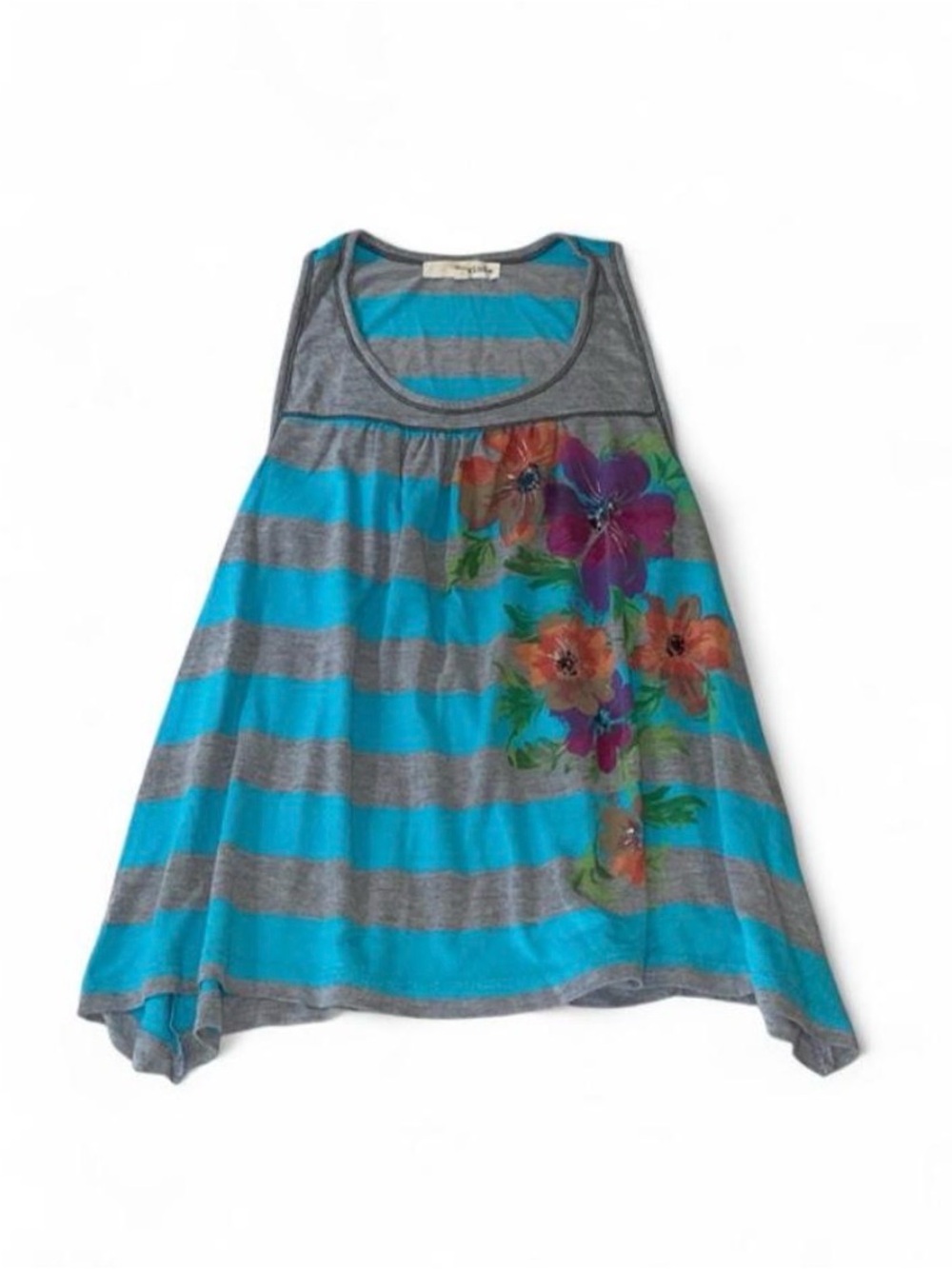 Rewind Turquoise & Gray Striped Floral Tank